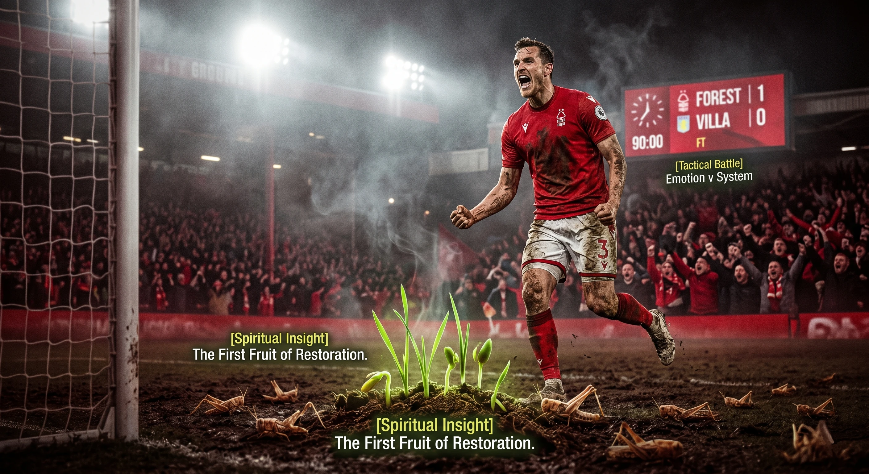 A mud-splattered Nottingham Forest striker, wearing kit #3 and resembling Chris Wood, screams in gritty celebration on a misty night at the City Ground. In the foreground mud, green shoots emerge from scattered locust husks, with a text overlay: "[Spiritual Insight] The First Fruit of Restoration." The background shows a scoreboard reading "FOREST 1 | VILLA 0" at "90:00 FT" over a ferociously tribal red crowd.