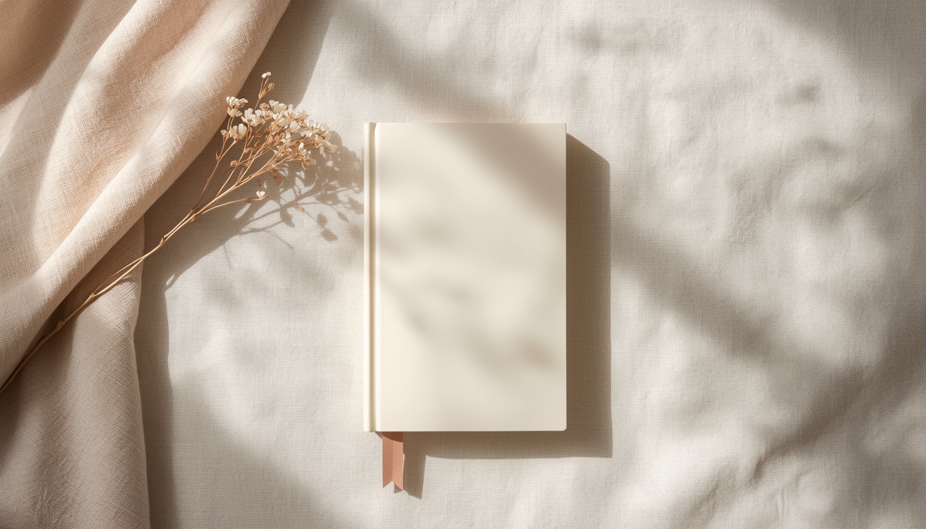 lat lay of a closed book on soft linen fabric, beside a dried flower sprig and a wooden bookmark