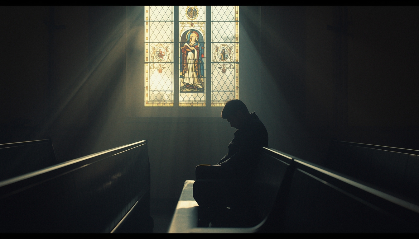 A lone person sitting in an empty church pew, head slightly bowed, soft light streaming through a stained glass window