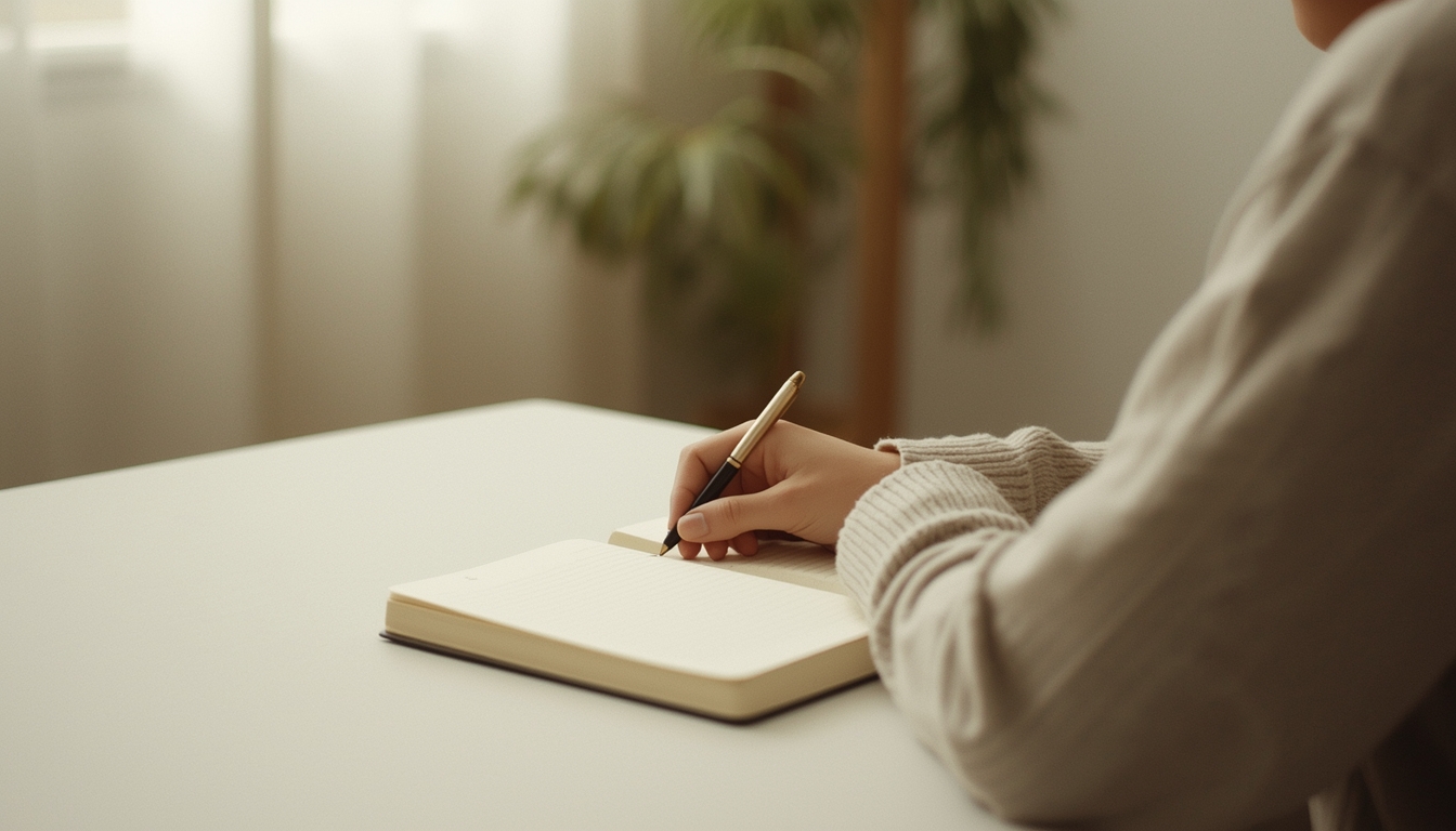 A person sitting alone at a minimalist desk, hand resting on an open journal with a pen