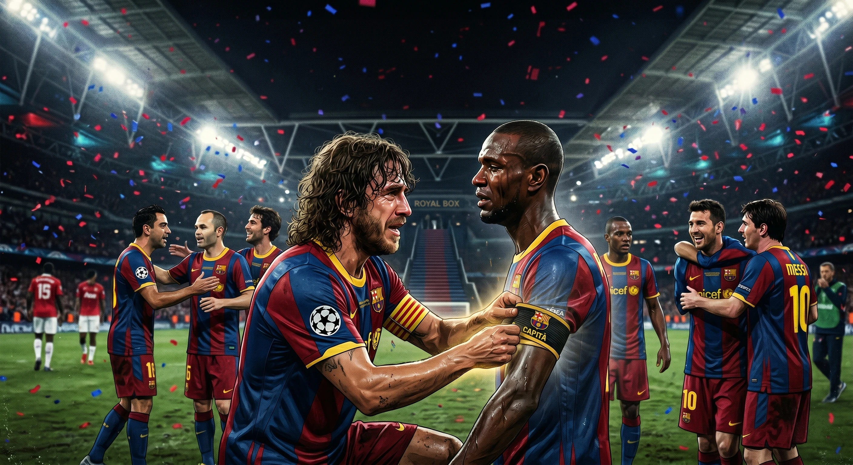 A detailed tactical photo-illustration at Wembley Stadium showing a tearful Carles Puyol kneeling, actively wrapping the captain's armband onto an emotional Eric Abidal, minutes after Barcelona's 2011 Champions League victory over Manchester United. Other celebrating Barca players are blurred in the background under floodlights and confetti.