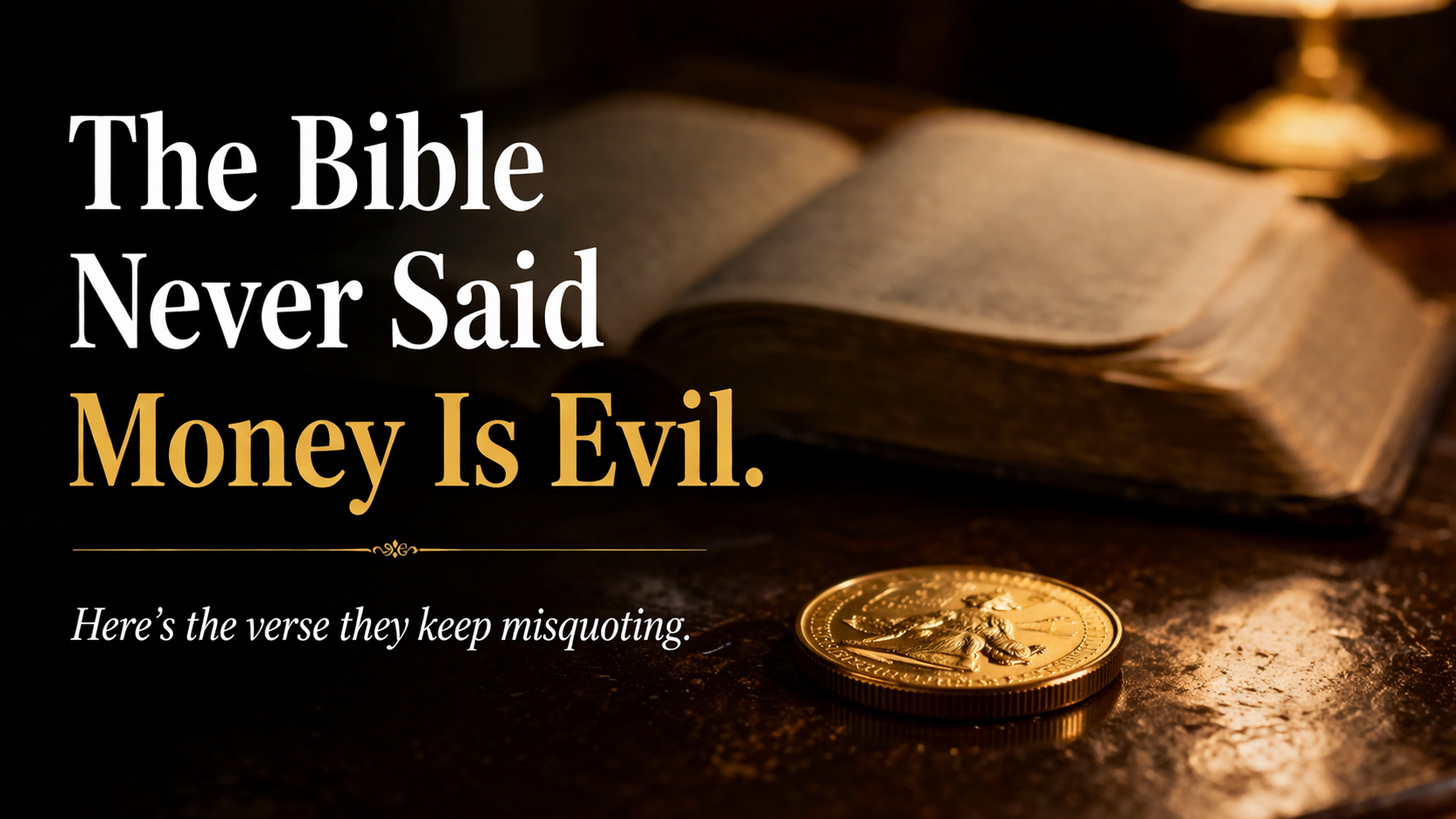 Open Bible beside a gold coin on a wooden desk, representing the biblical perspective on money and wealth for Christian professionals.