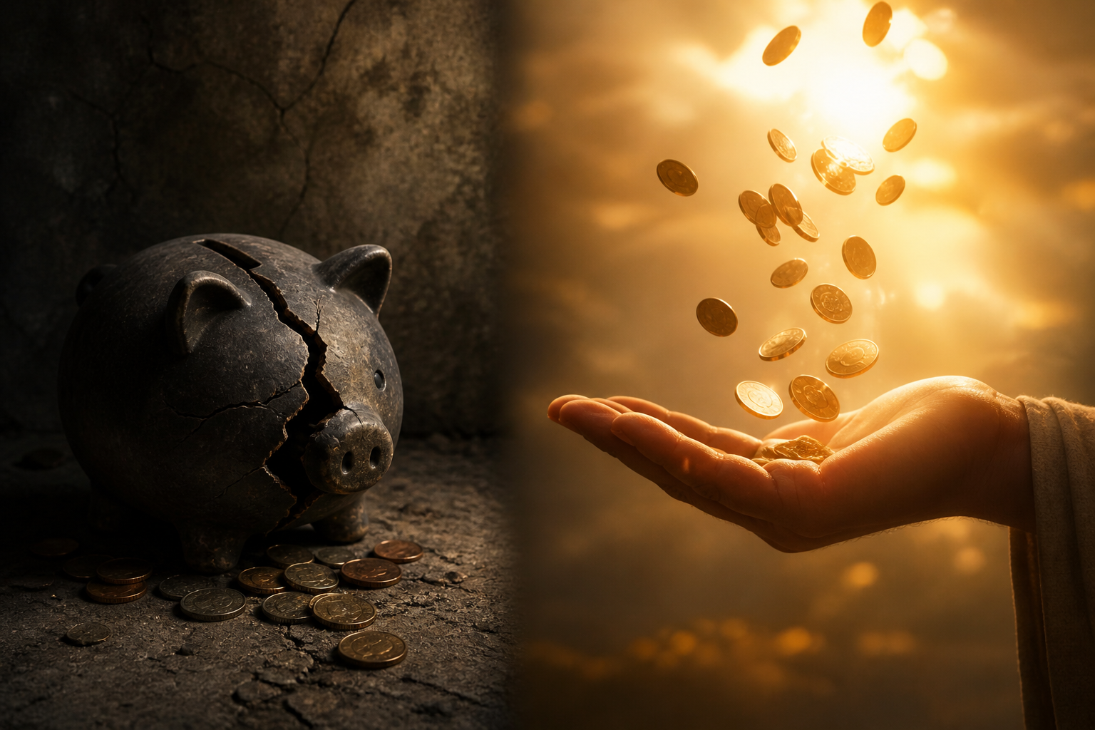 Visual contrast between hoarding money and giving freely, illustrating the Christian stewardship principle from 1 Timothy 6:10.