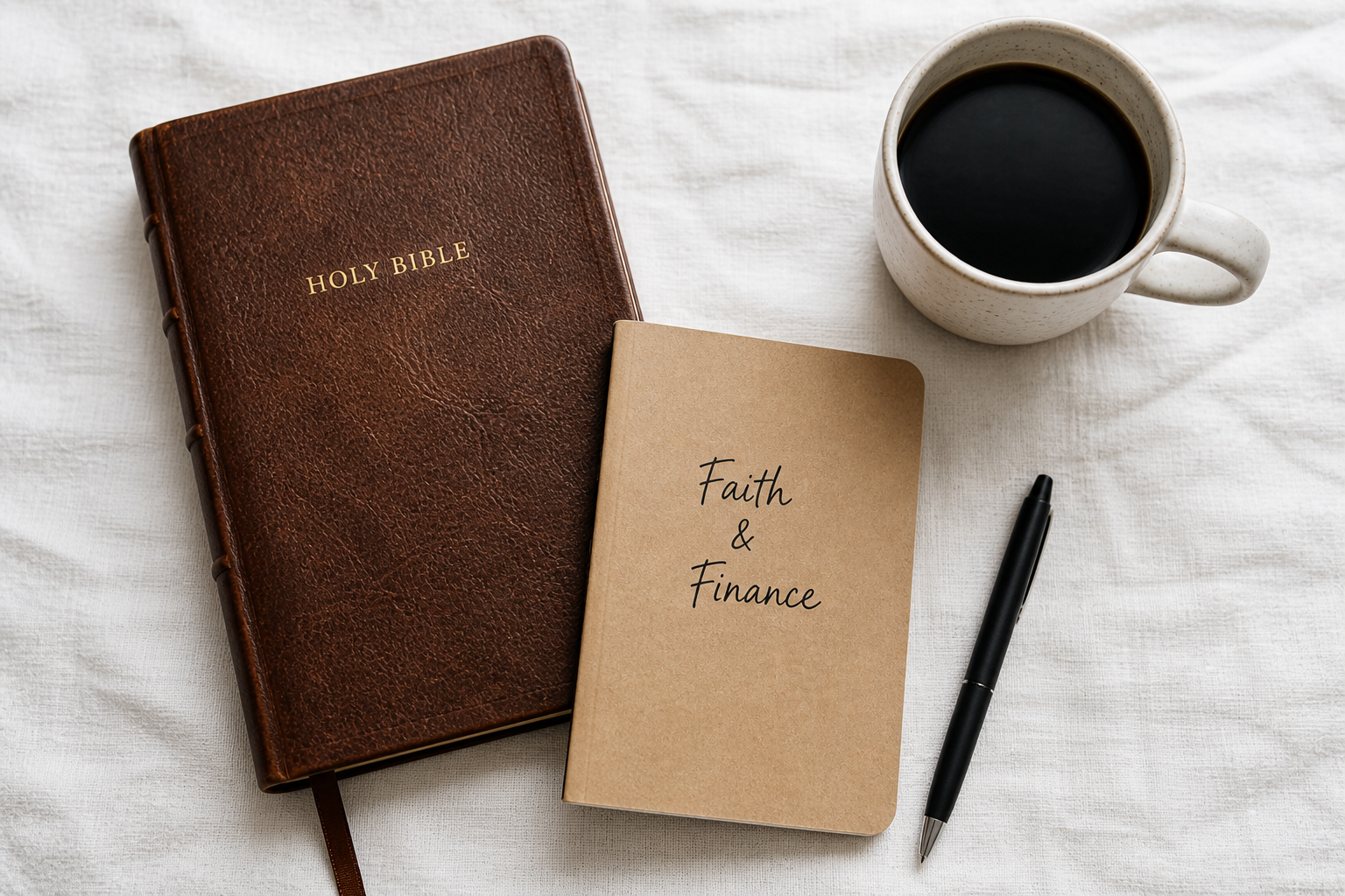 Flat lay of a Bible, Faith and Finance notebook, and coffee — representing the Faith and Finance column series for Christian business owners and professionals.