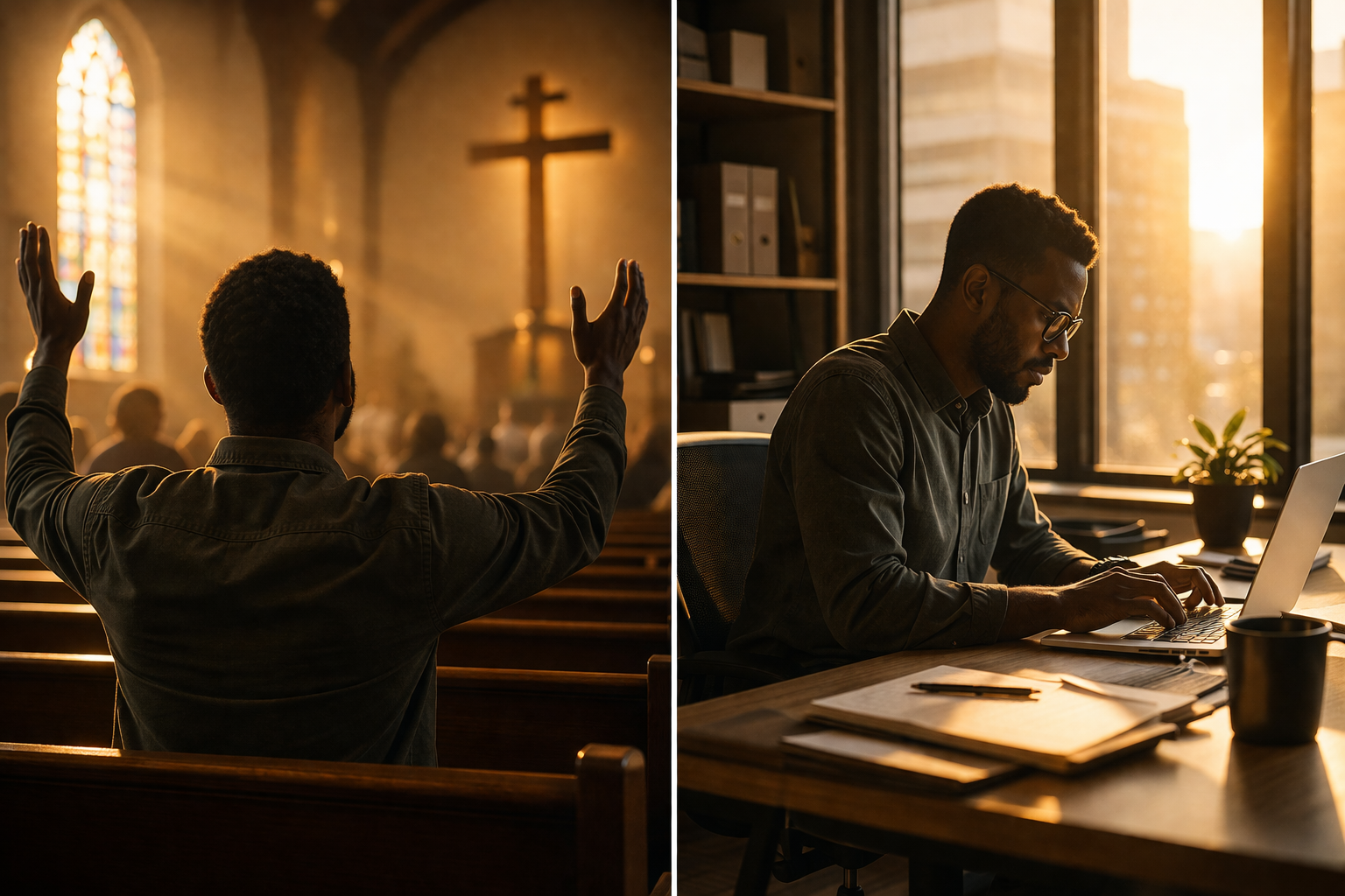 Split image comparing worship in church and focused work at a desk, illustrating the Christian concept of vocation — that all work can be worship.