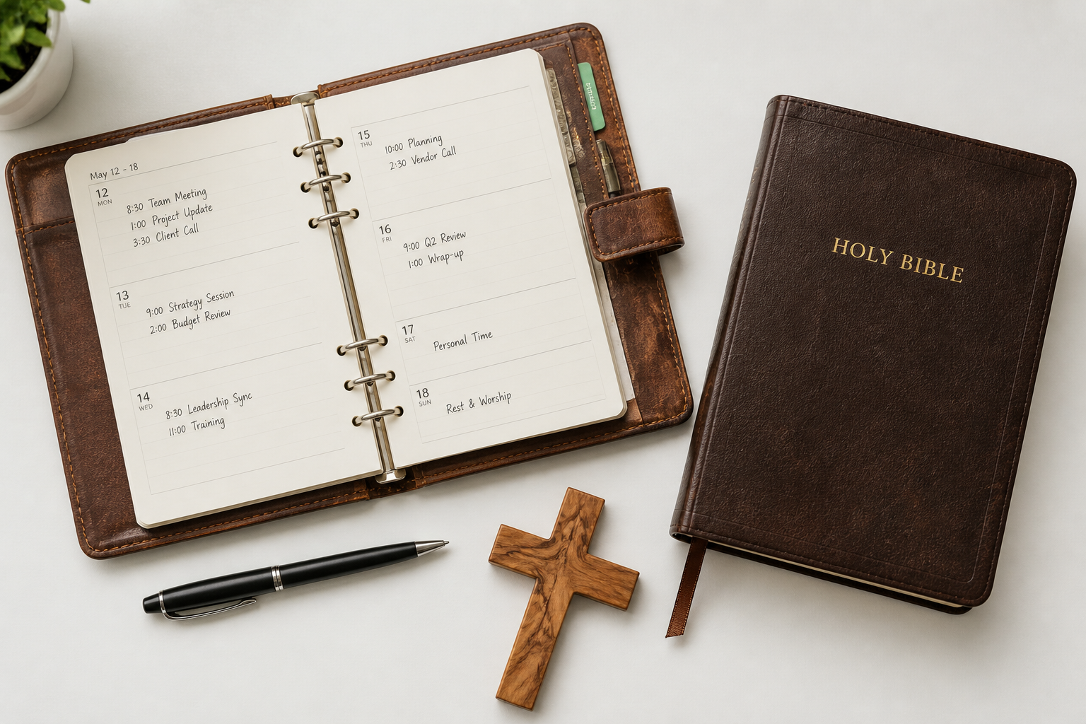 Flat lay of a Bible, weekly planner, and wooden cross representing Christian vocation and the theology of work series.