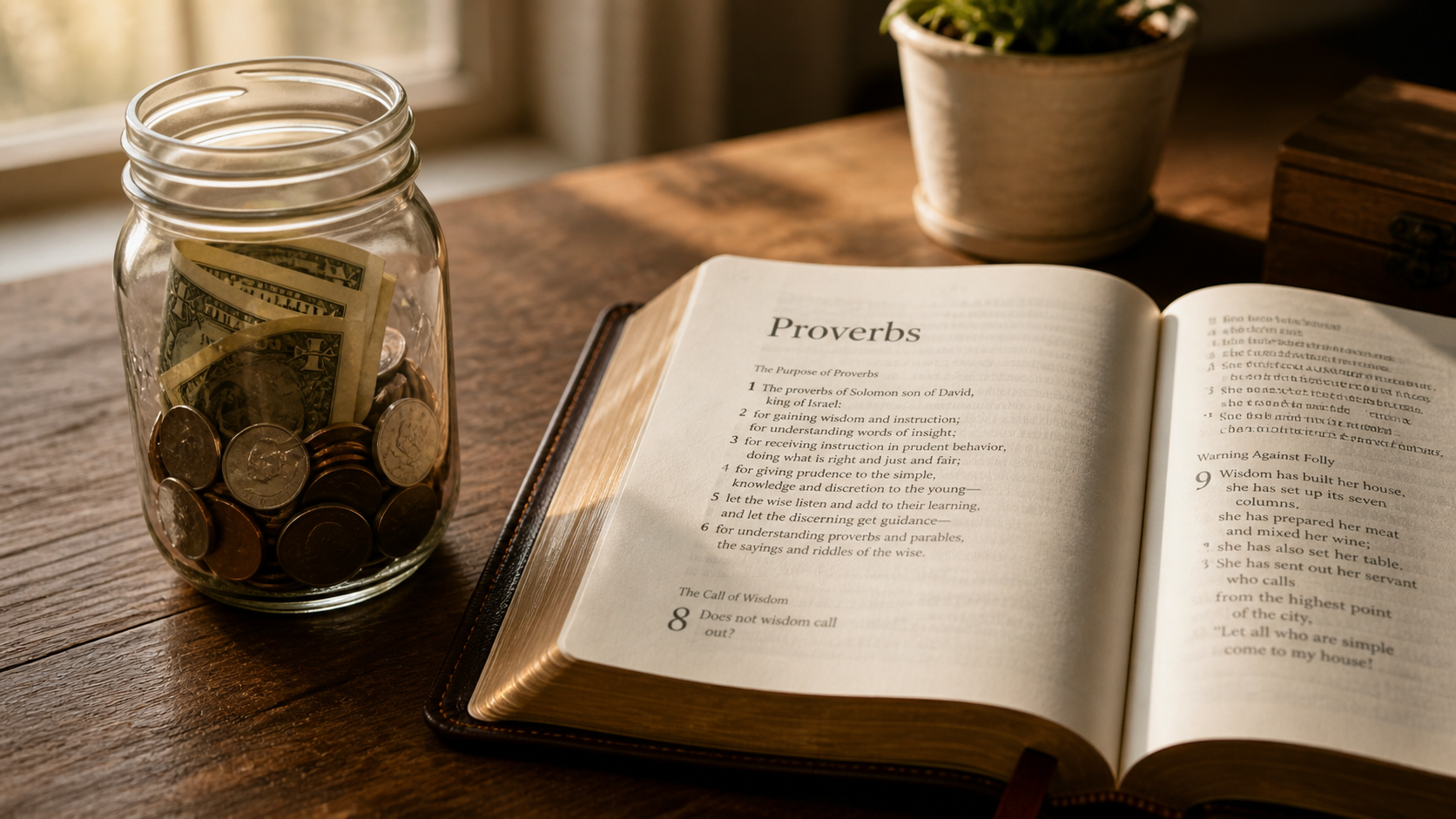 Glass jar of savings beside an open Bible, representing Christian financial stewardship beyond tithing.