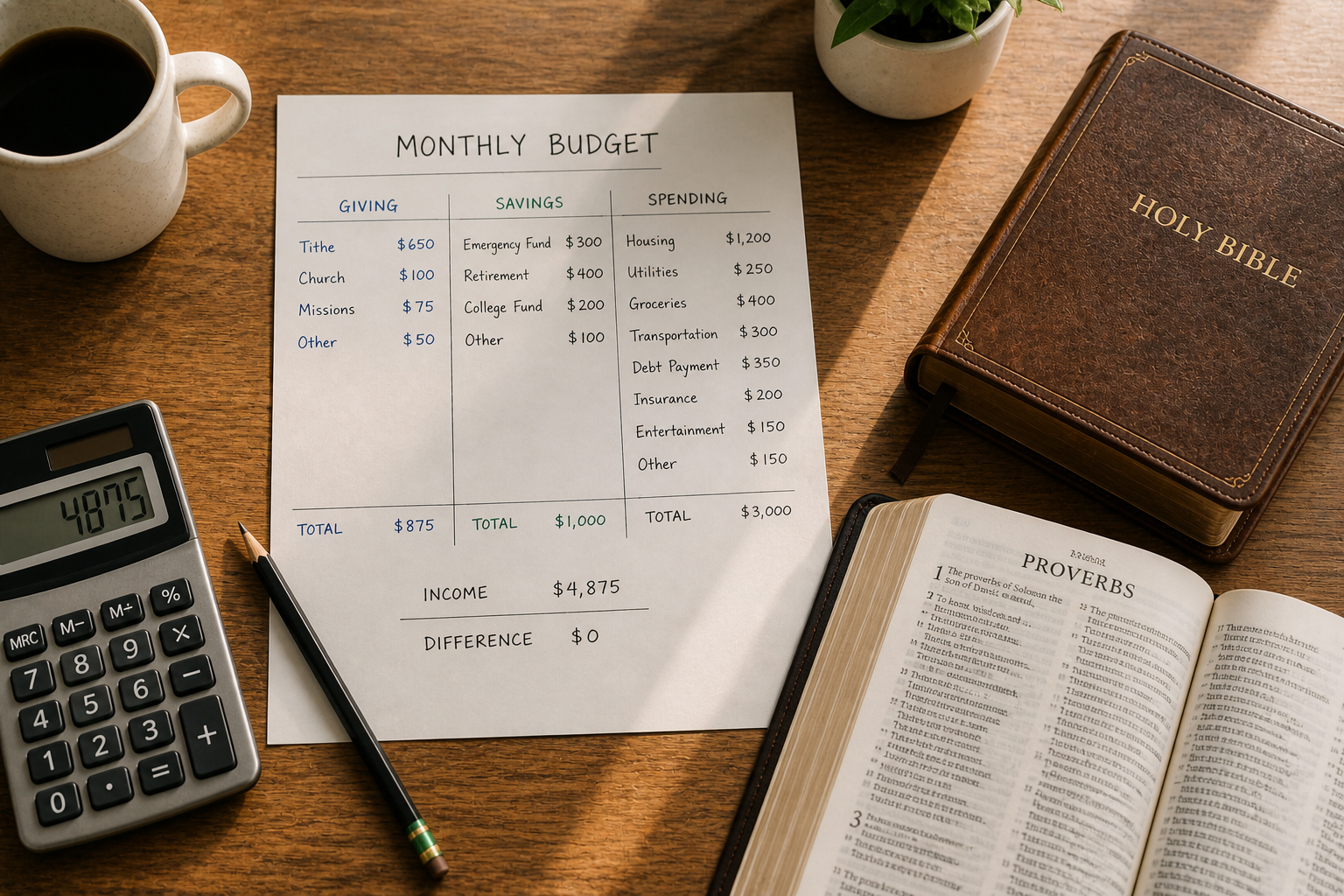 Handwritten personal budget sheet beside a Bible and calculator, illustrating the practice of Christian budgeting and stewardship.