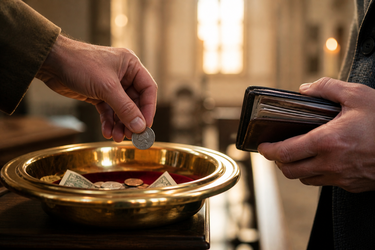 Hands giving an offering while holding a full wallet, representing Christian stewardship and the balance of giving and personal finances.