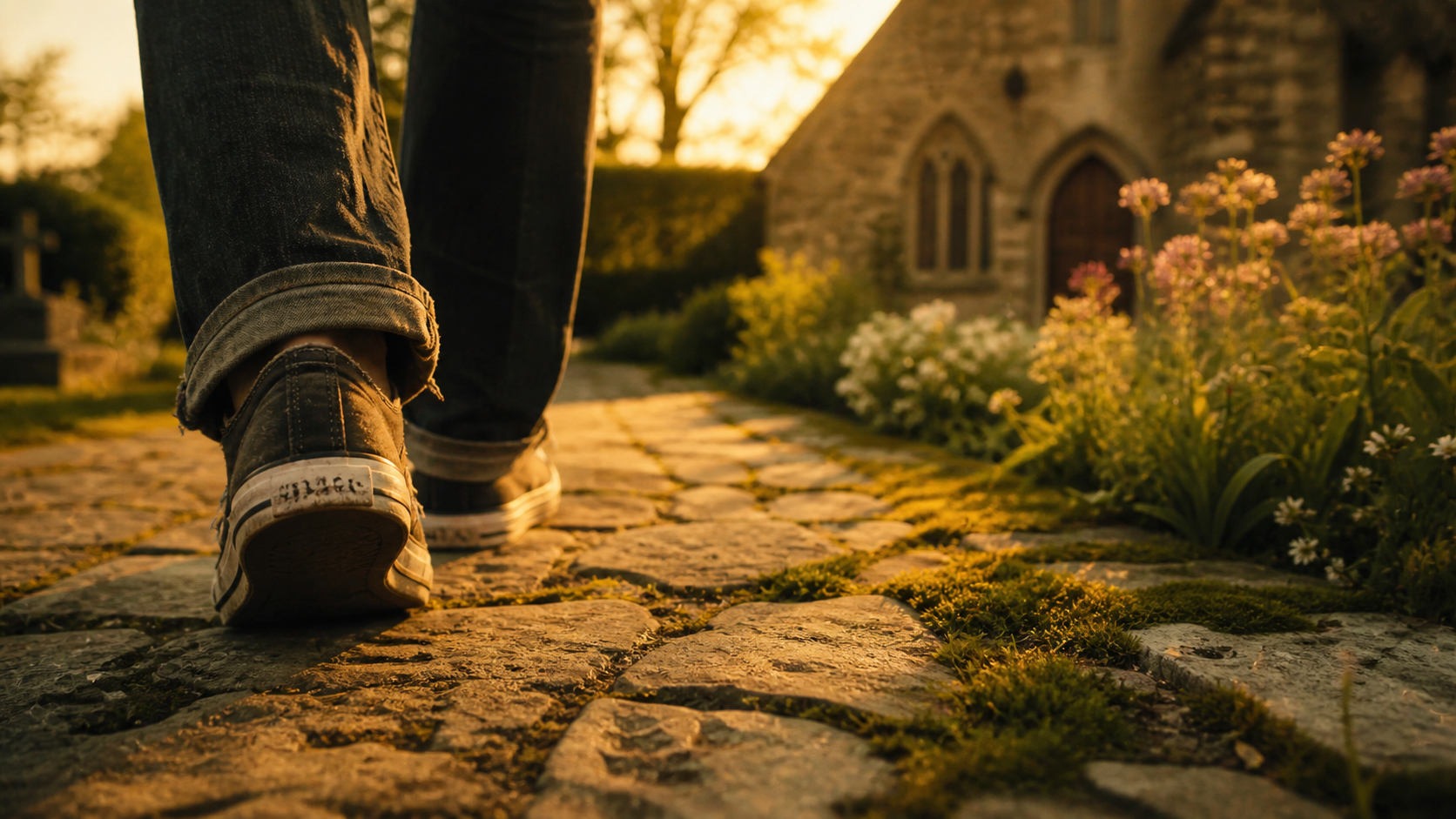 Close-up of worn sneakers walking along a sunlit stone path in a church garden, with moss between the stones, wildflowers along the edges, and a softly blurred chapel in the background during golden hour.