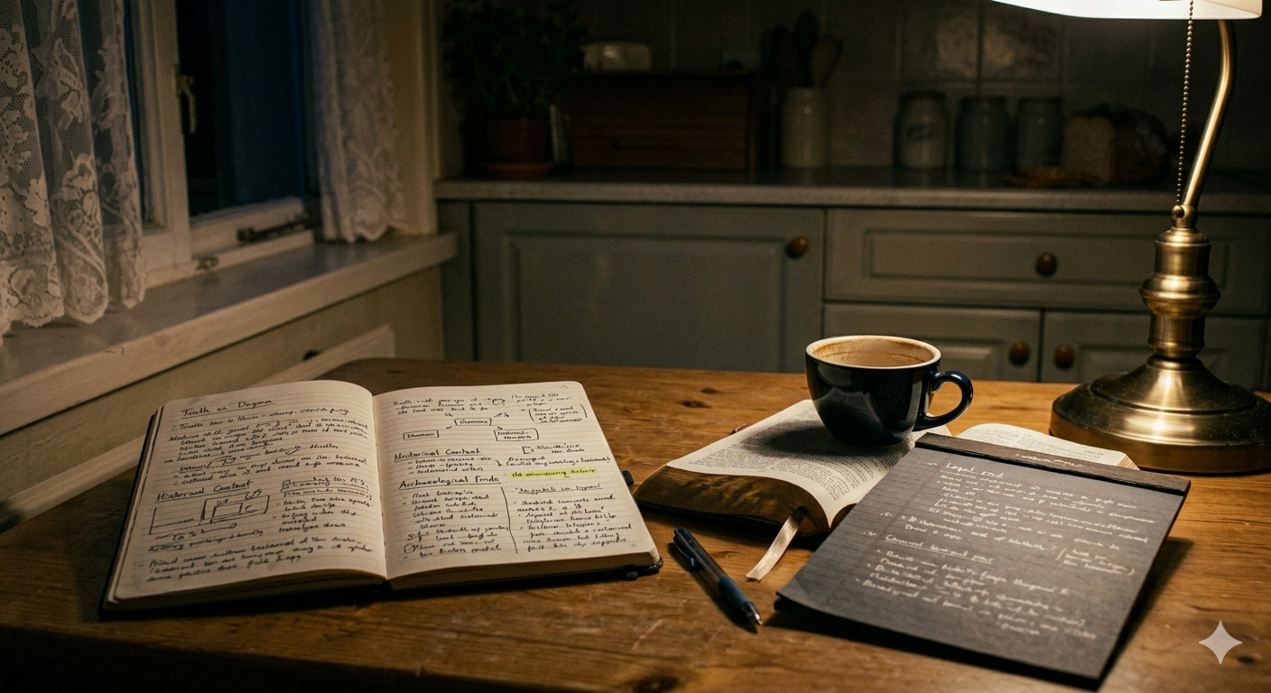 A dimly lit desk late at night, stacks of open books and legal pads covered in handwritten notes, a single lamp casting warm light, a half-empty coffee cup, no person visible, muted dark tones — navy, charcoal, amber, quiet intensity, minimalist composition, film grain texture