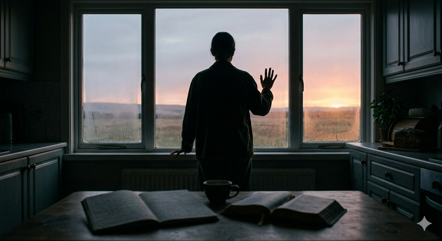 A person standing alone at a large window at dawn, silhouette against soft grey-pink morning light, one hand resting on the glass, posture of someone deep in thought or at a crossroads, no face visible, muted cool tones shifting to warm, minimalist and cinematic, quiet sense of something shifting