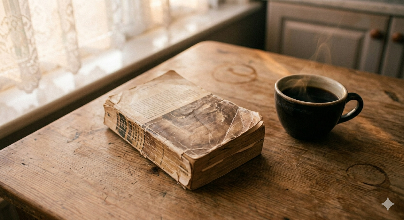 A well-worn paperback book resting face-down on a simple wooden surface, soft warm morning light from the side, a cup of black coffee nearby, no person visible, intimate and unhurried atmosphere, muted warm tones — cream, amber, soft brown, the feeling of a book that has been read slowly and carefully