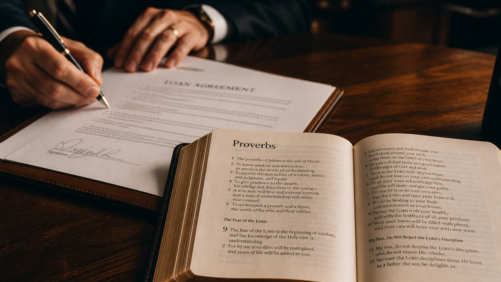 Hand signing a loan document next to an open Bible, representing Christian wisdom about debt and financial obligations from Proverbs.