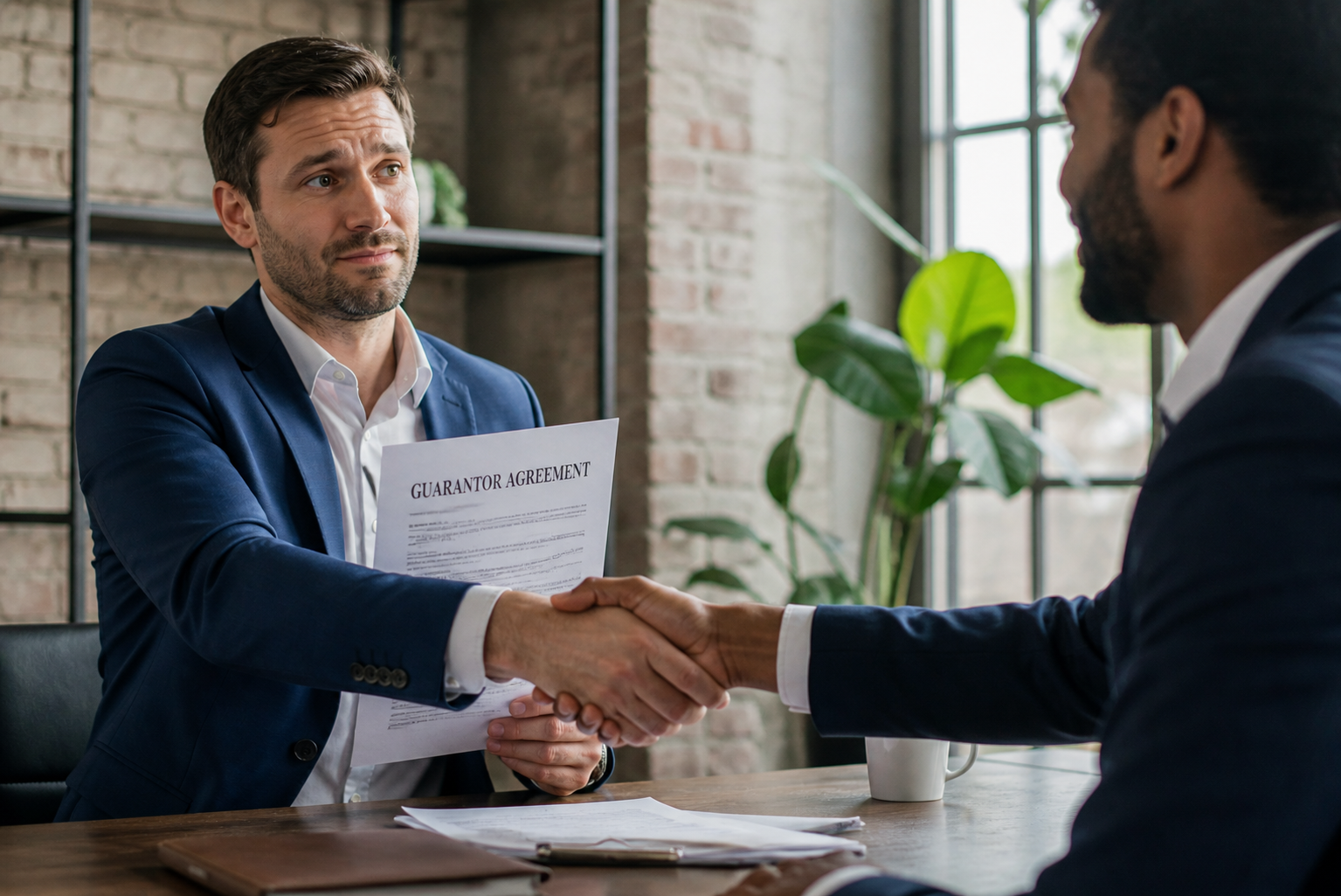 Two people shaking hands over a guarantor agreement, illustrating the biblical warning about co-signing loans from Proverbs 22:26-27.