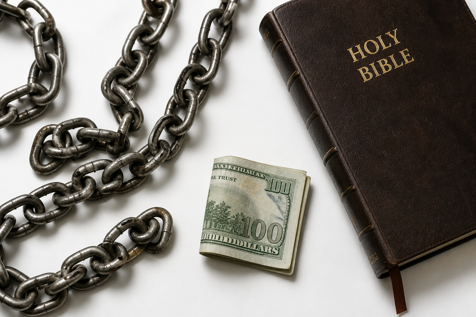 Chain links beside a dollar bill and Bible, symbolizing the Proverbs 22:7 principle that the borrower is slave to the lender.