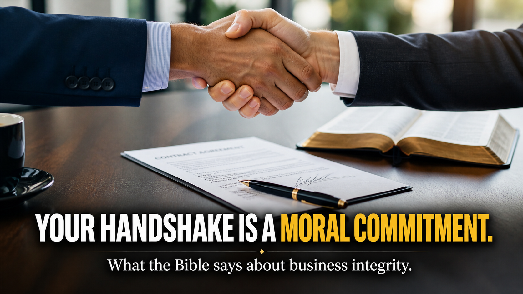 Two professionals shaking hands over a contract with a Bible visible in the background, representing Christian integrity in business dealings.