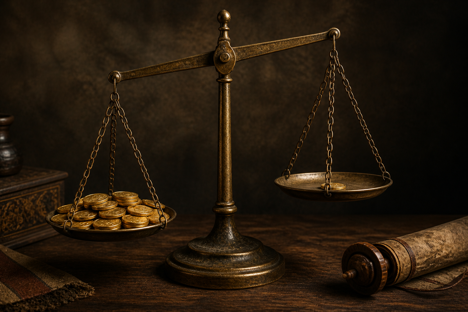 Unbalanced merchant scale with coins, illustrating the Proverbs 11:1 principle that God detests dishonest scales in business.