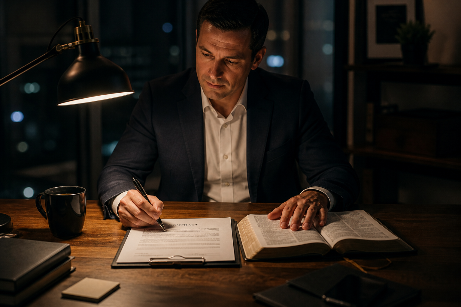 Business professional pausing over a contract next to a Bible, representing Christian ethical decision-making in the marketplace.