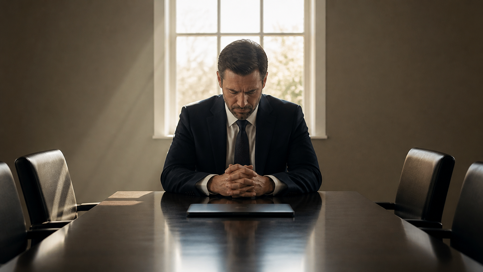 Businessman sitting alone in a quiet conference room, representing Christian faith and reflection during a financial crisis.
