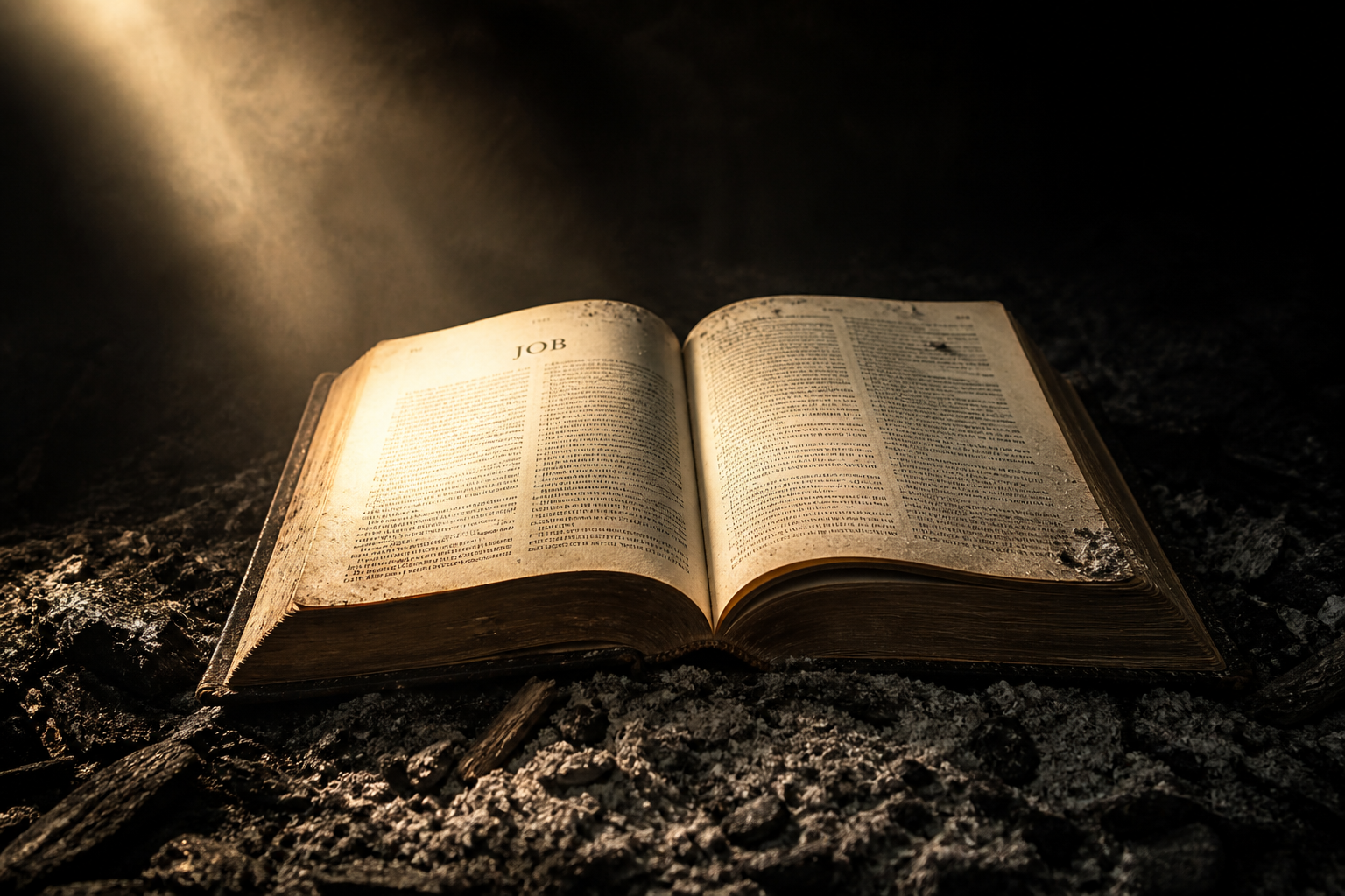 Open Bible resting on ash, symbolizing Job's suffering and the biblical perspective on faith during financial hardship and loss.