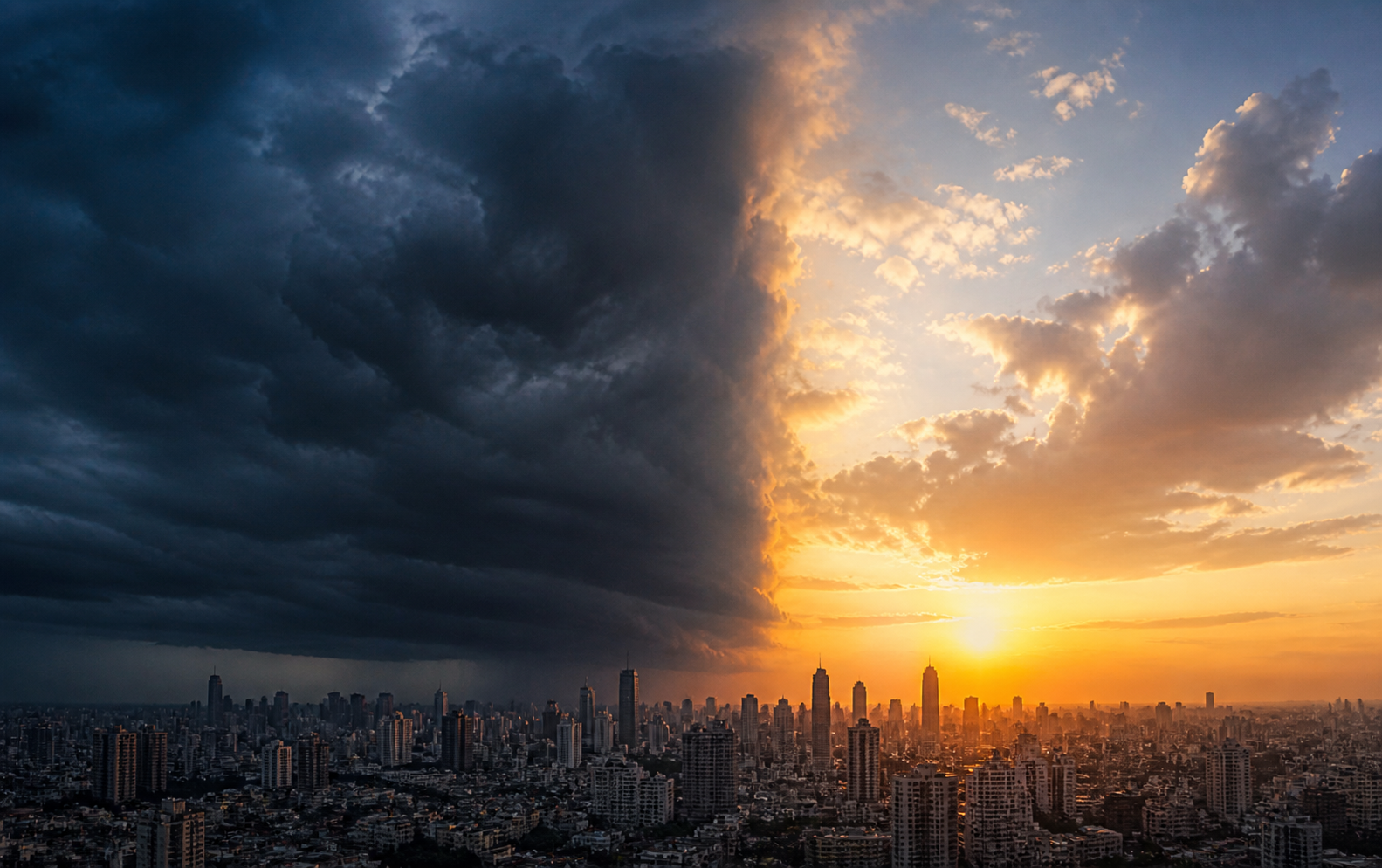 Split image of storm and dawn over a city skyline, representing Christian hope and resilience through financial crisis.