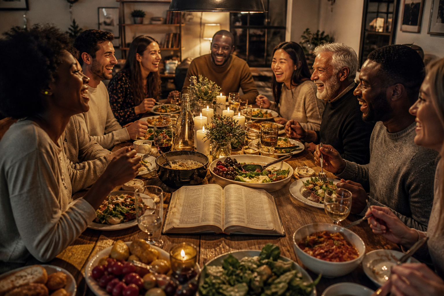 A diverse group of people sharing a generous meal together with a Bible on the table, representing biblical shalom, community, and the Christian vision of flourishing.