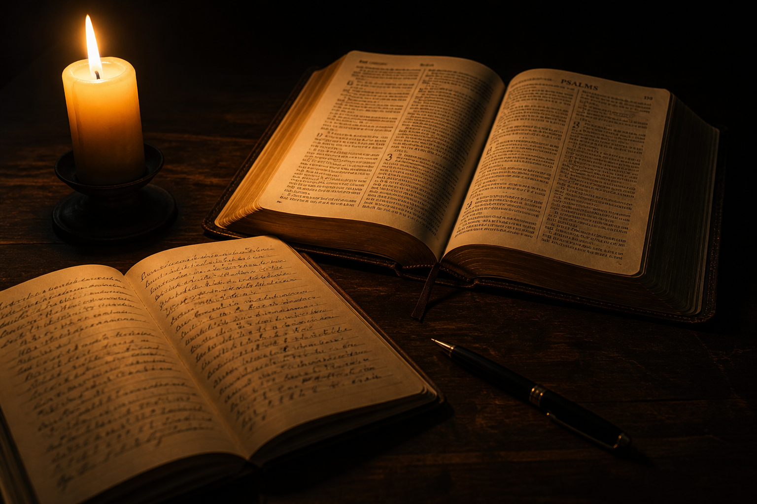 Candle, open Bible, and journal on a wooden desk, representing the final reflection on Christian wealth, stewardship, and a life of faithful financial discipleship.