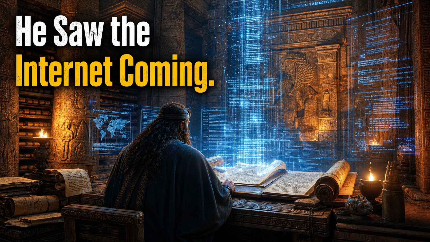 Ancient prophet's vision overlaid with digital data streams, illustrating Daniel 12:4's prophecy about the information age