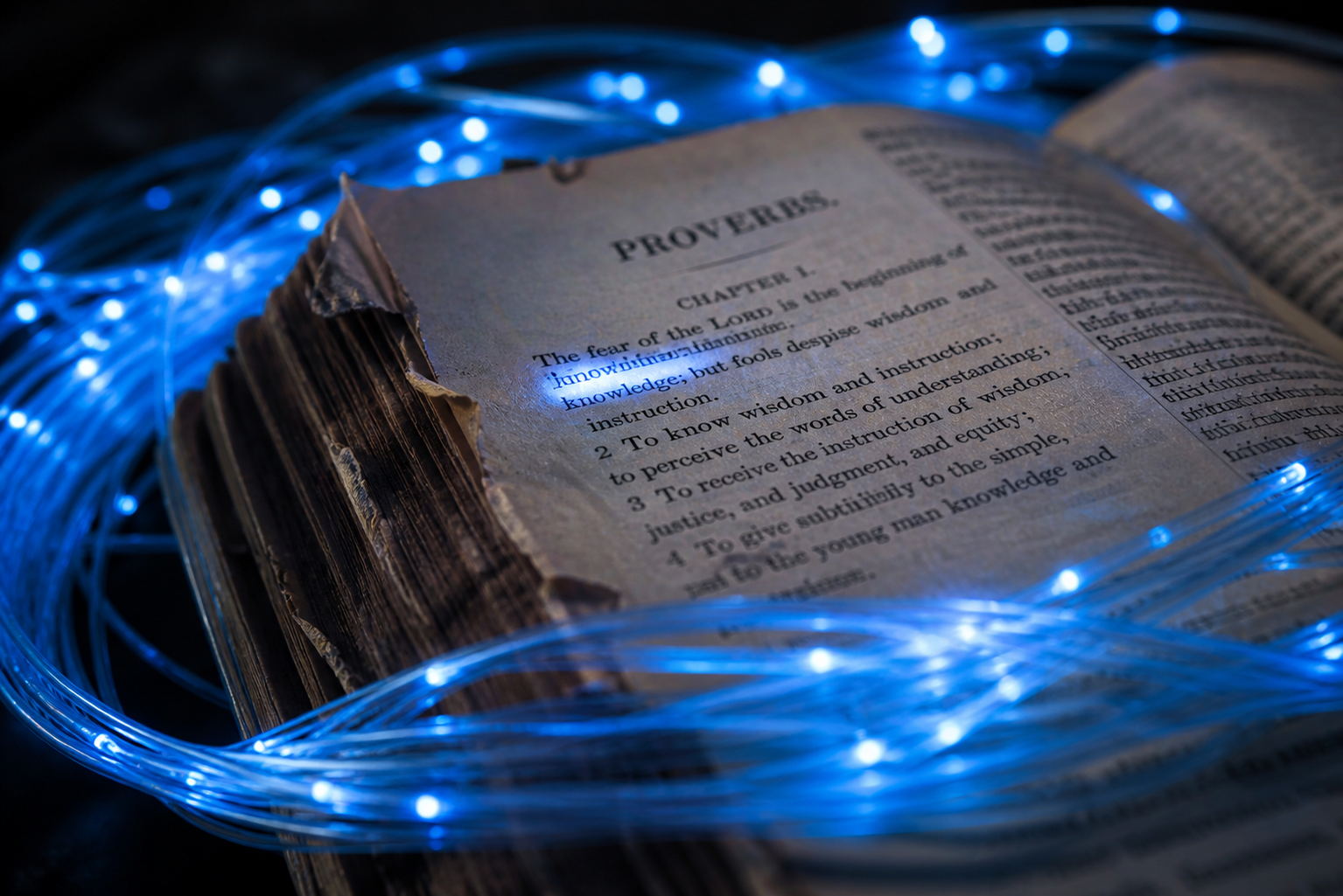 Open Bible intertwined with fiber optic cables representing Scripture meeting the digital knowledge explosion