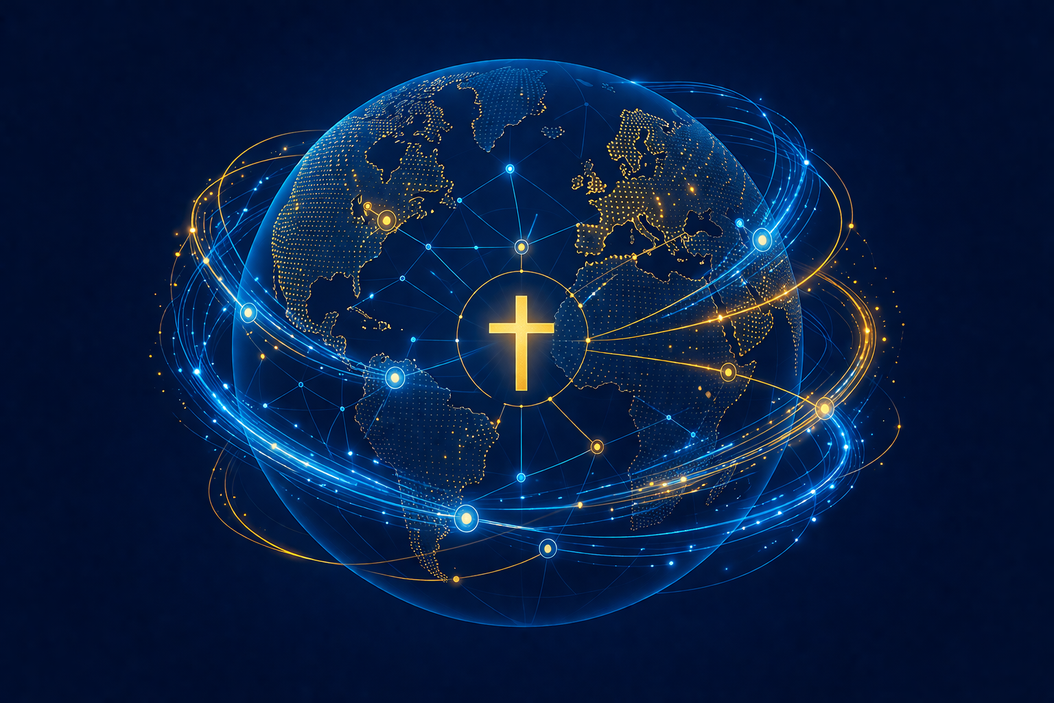 Global data network centered on a cross visualizing the Christian calling to spread God's knowledge through technology