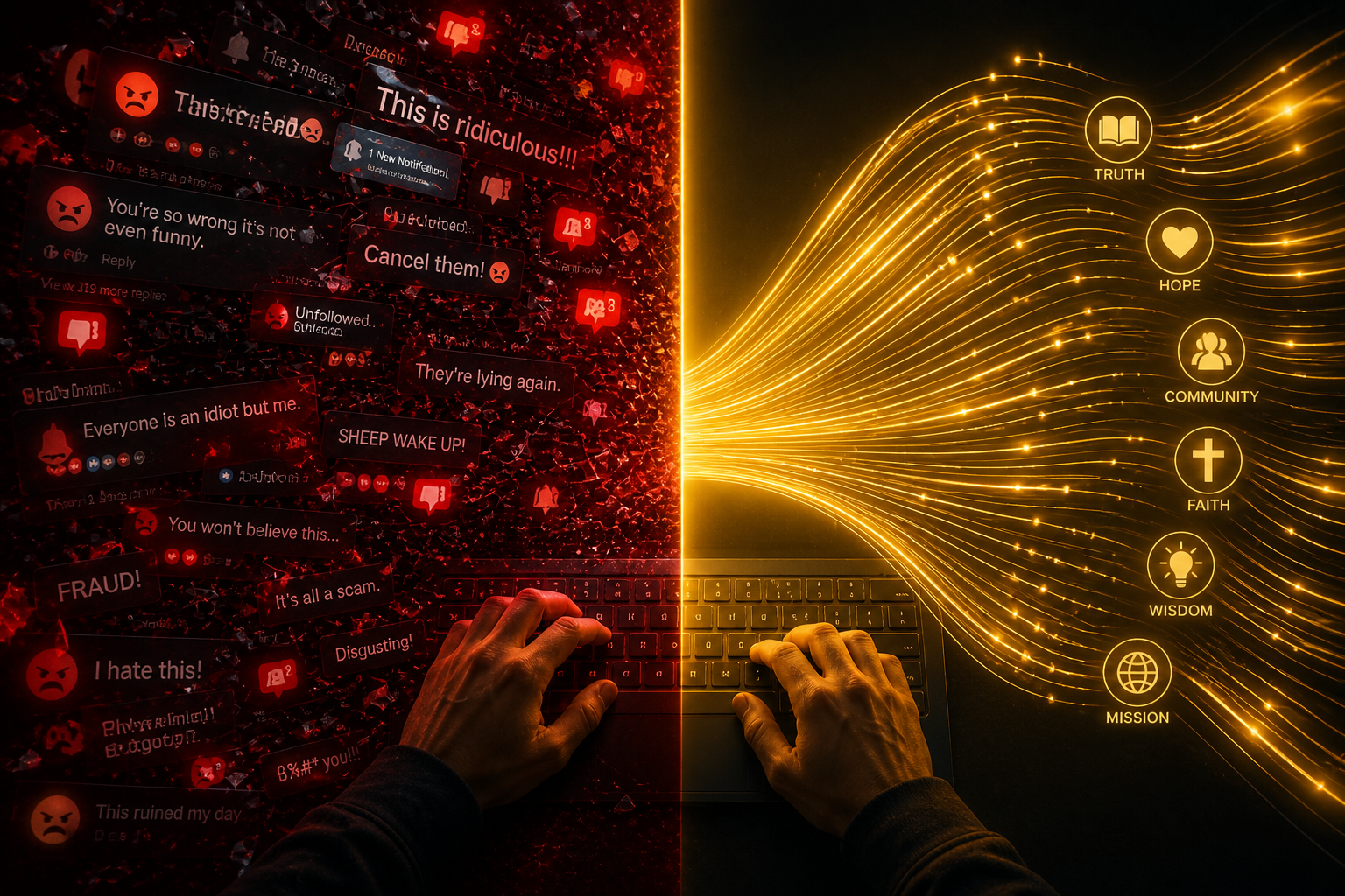 Split image contrasting digital noise and meaningful signal, representing the Christian technologist's choice in what they build