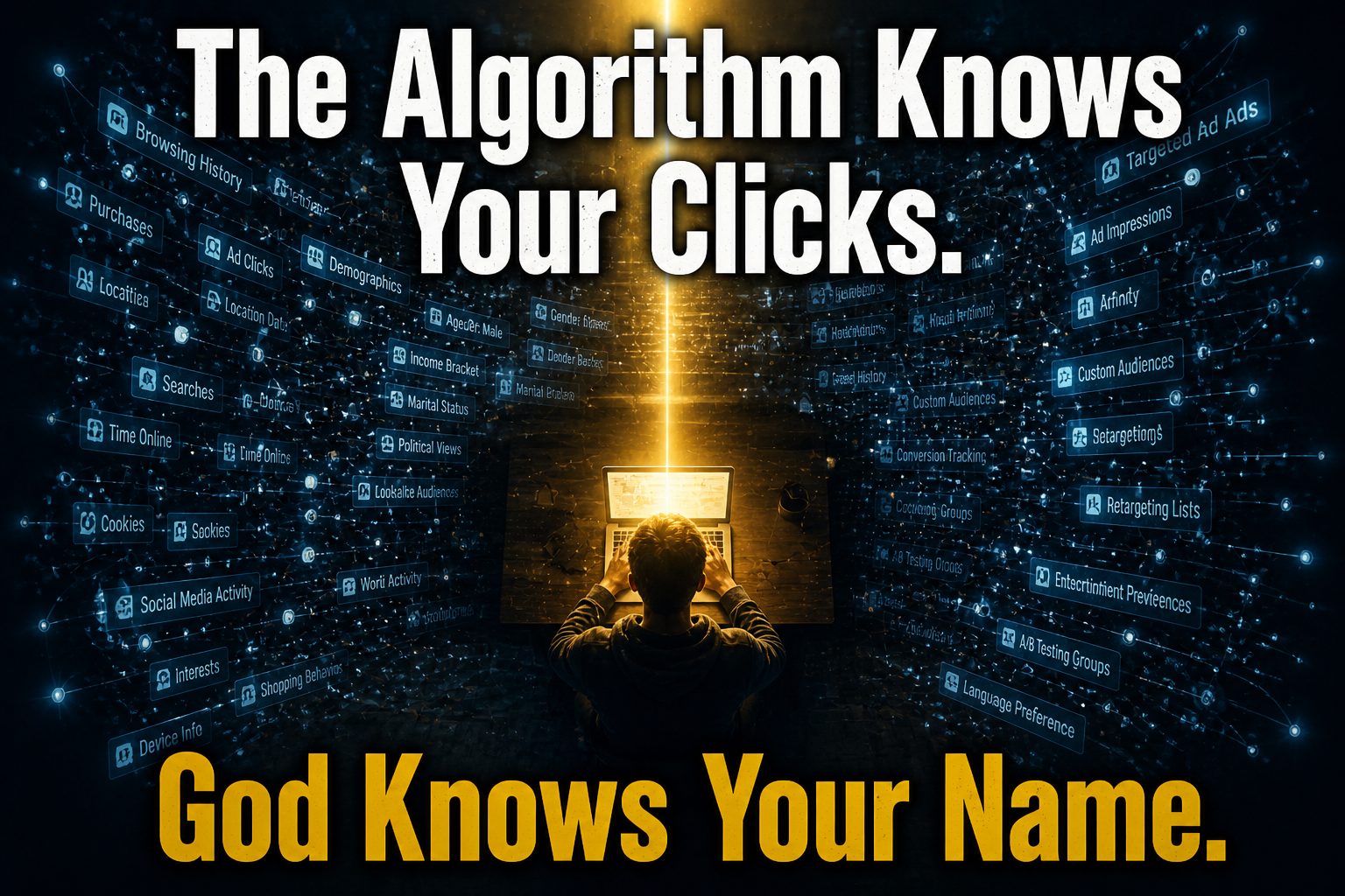 Person surrounded by cold surveillance data with a single warm divine light breaking through, illustrating Psalm 139 in the age of algorithms