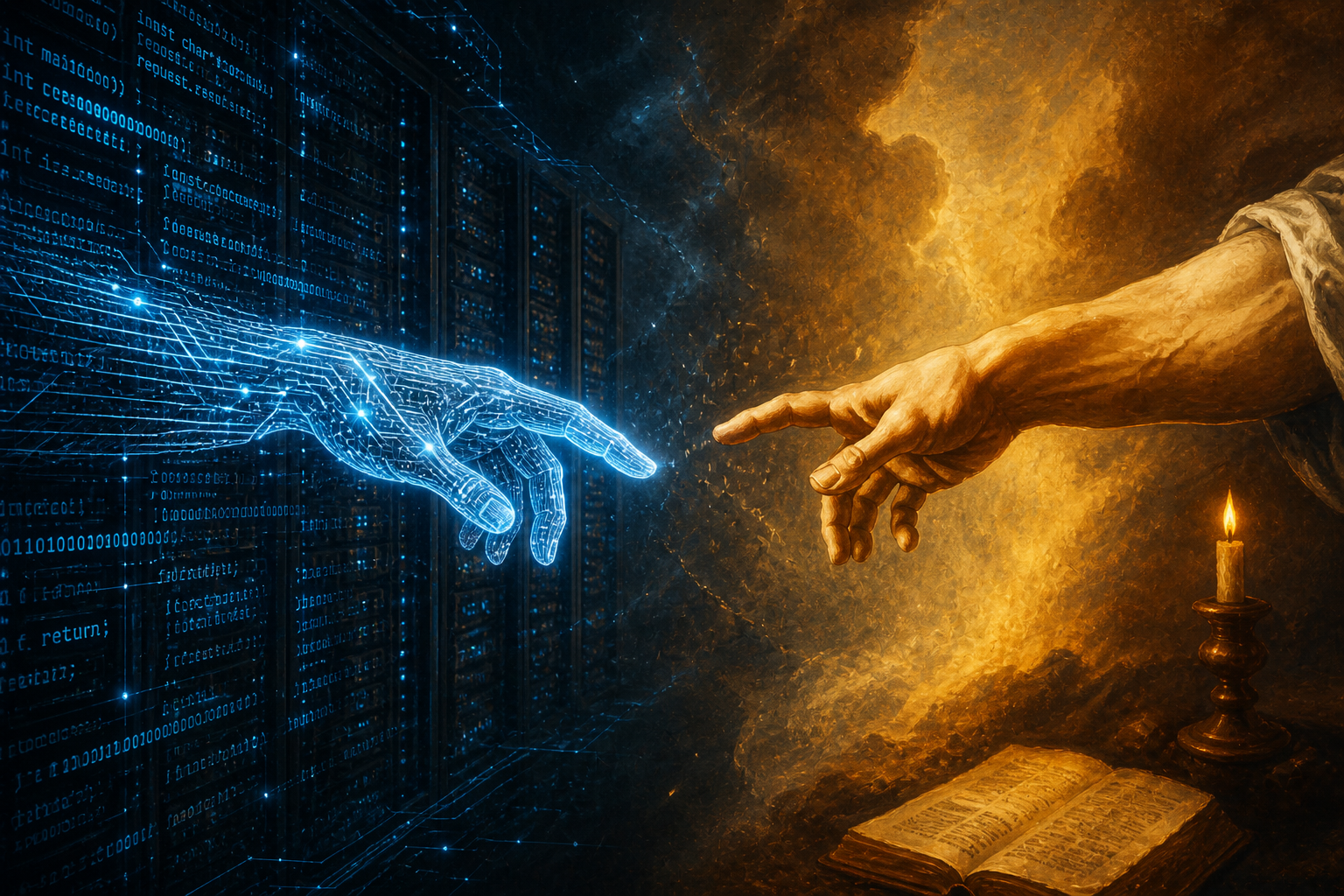 Digital circuit hand and classical human hand almost touching, contrasting algorithmic knowing with divine intimate knowledge