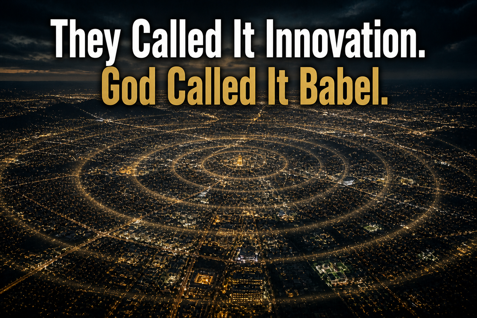 Modern glass skyscraper styled as Tower of Babel rising into storm clouds, representing Silicon Valley hubris and Genesis 11