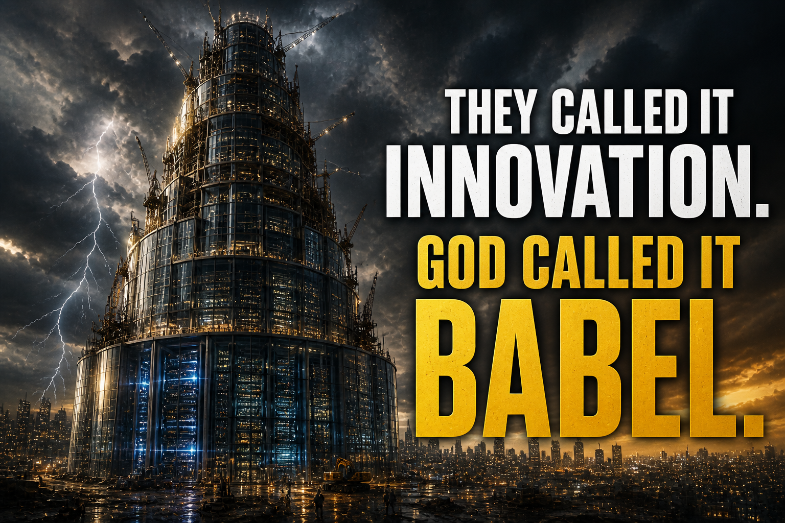Ancient Babel builders mirrored by modern tech workers, illustrating the timeless pattern of human technological hubris