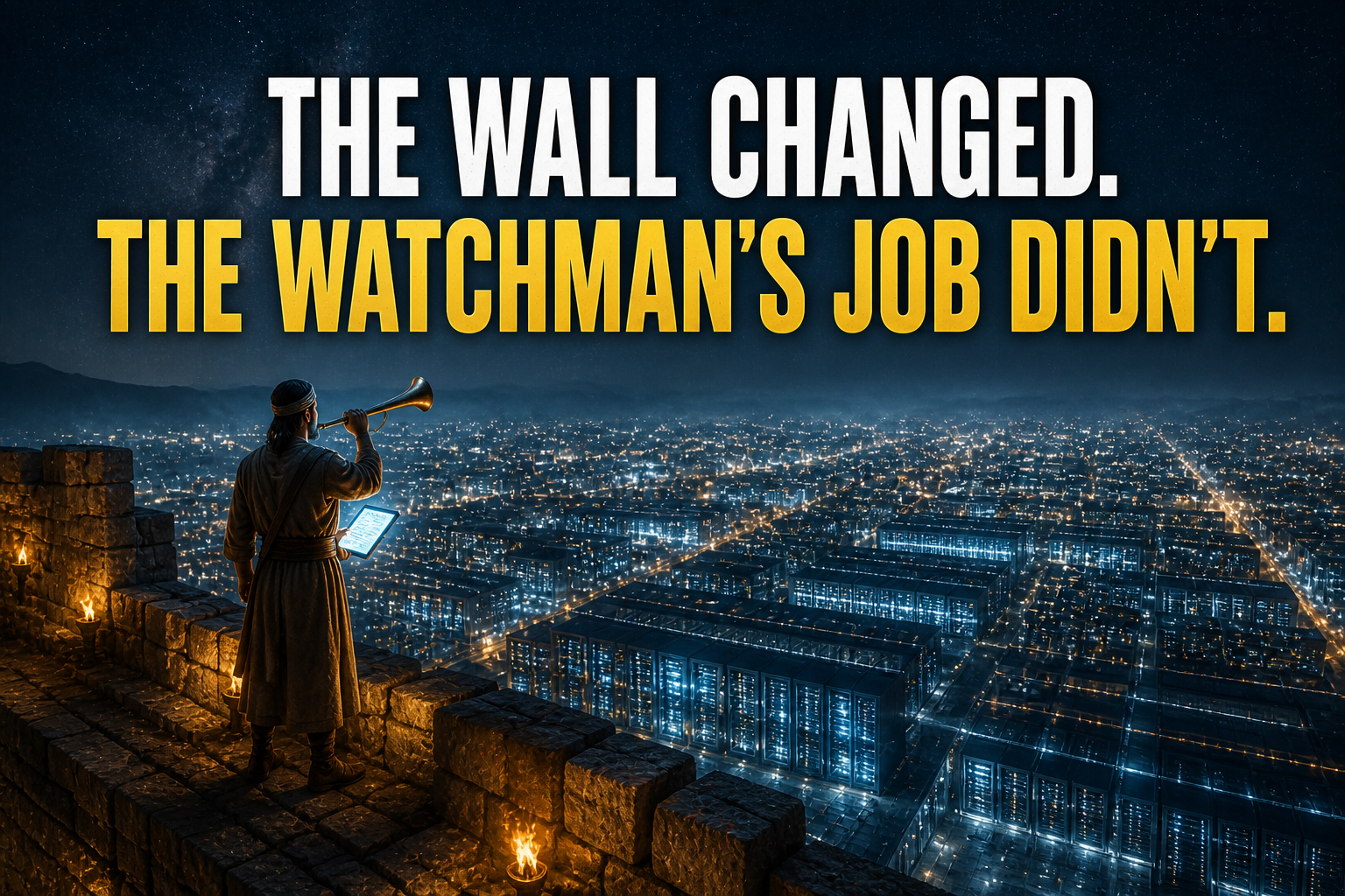 Ancient watchman on city wall overlooking a digital infrastructure landscape, illustrating Ezekiel 33 and cybersecurity calling