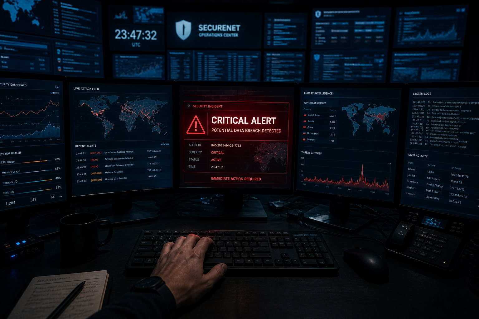 Security Operations Center with critical alert, representing the modern watchman's vigilance in cybersecurity