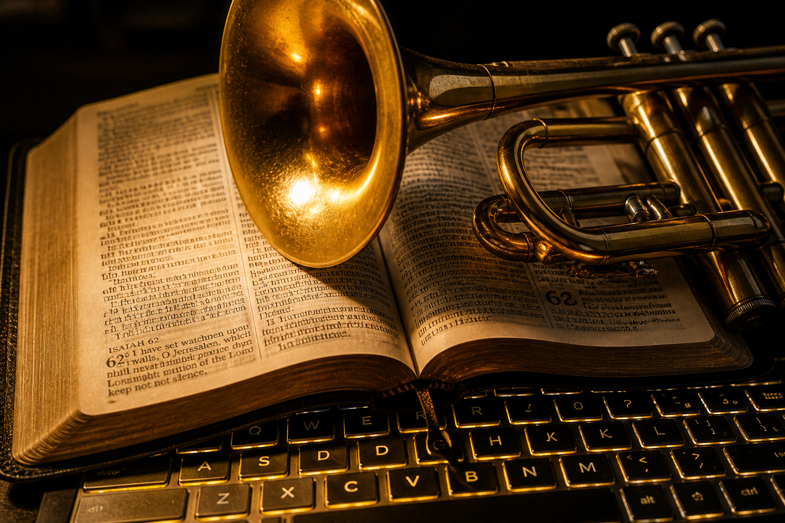 Trumpet on open Bible with keyboard beneath, symbolizing Ezekiel 33's watchman calling applied to cybersecurity professionals
