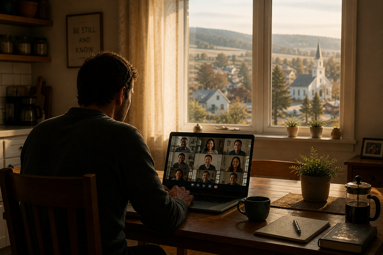 Remote worker connecting globally from a small town, representing the scattered Christian professional's Kingdom reach