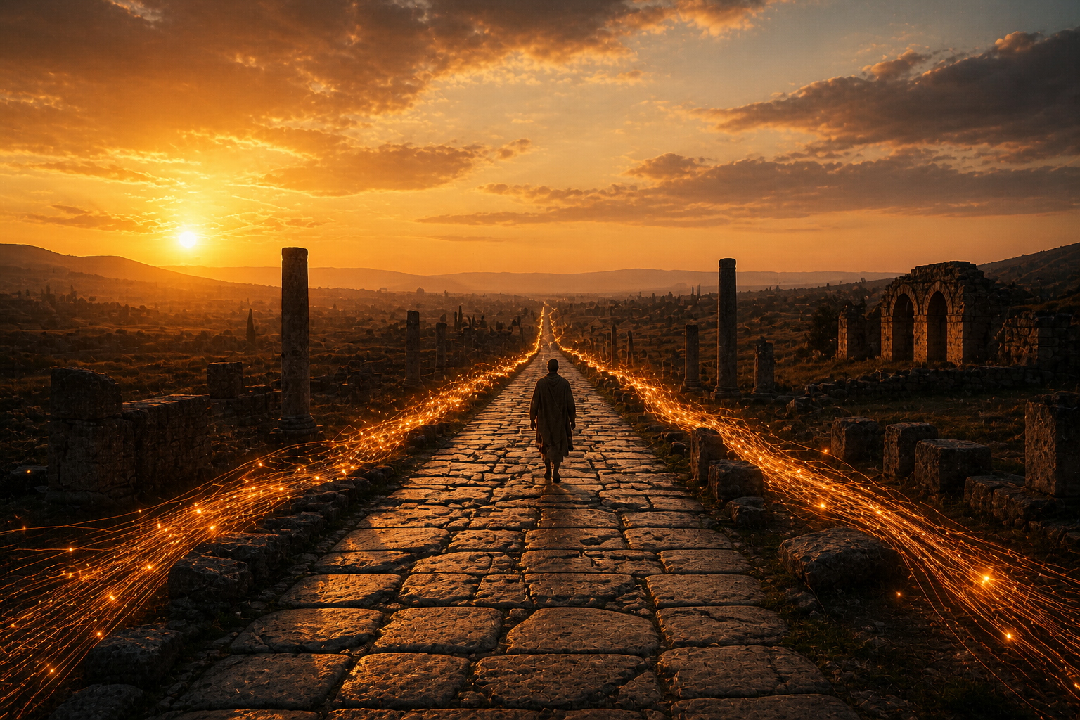 Ancient Roman road overlaid with digital fiber optic trails, connecting Paul's missionary journeys to the modern remote work era