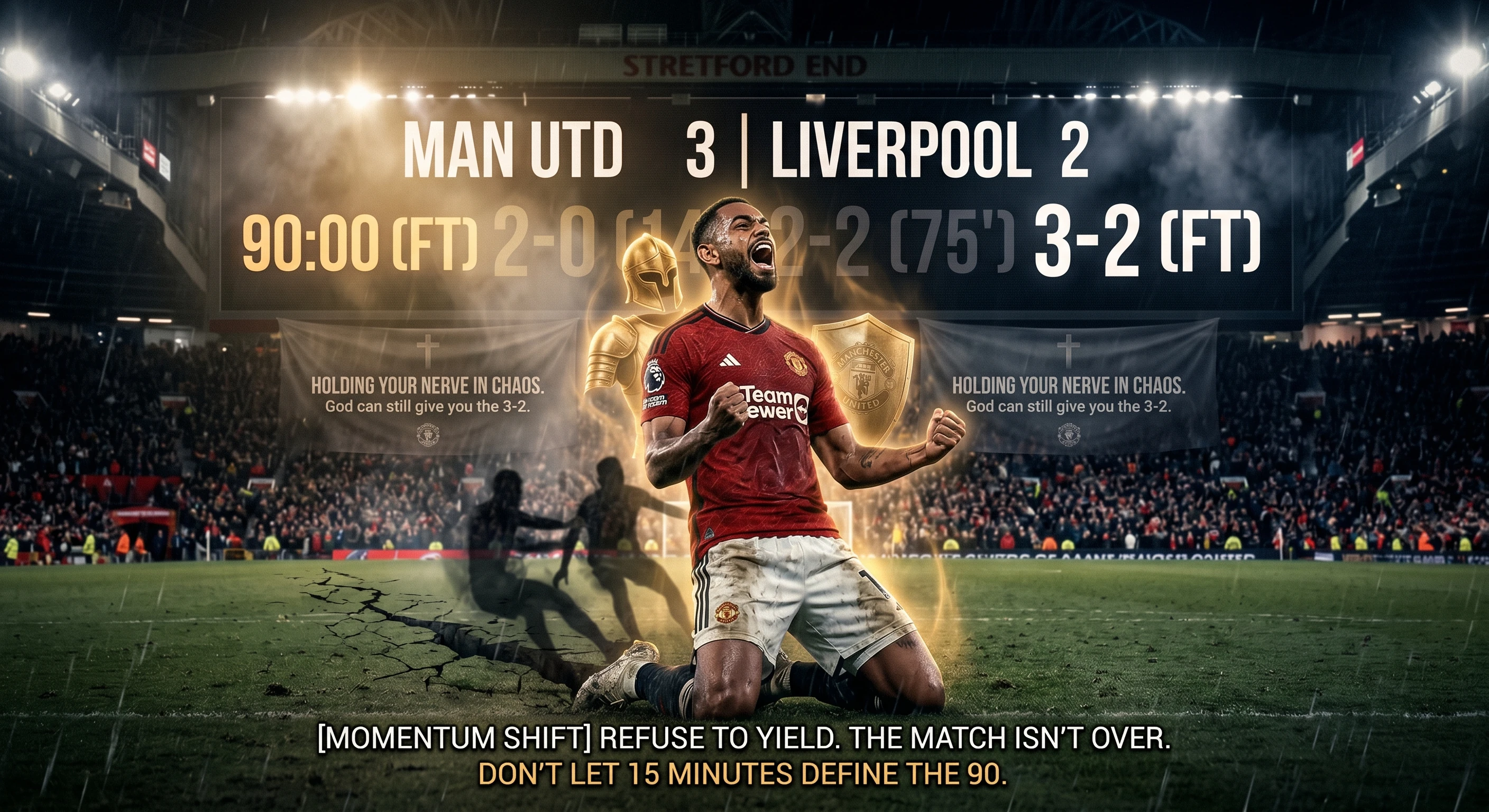 A Manchester United player in a red kit celebrates passionately on his knees on the Old Trafford pitch under pouring rain. Behind him, the scoreboard reads "MAN UTD 3 | LIVERPOOL 2" showing the progression from a 2-0 lead, to a 2-2 tie, to a 3-2 final. Glowing spiritual armor and a shield surround the player, while shadowy figures fall away. Text overlays read: "Holding your nerve in chaos," and "[Momentum Shift] Refuse to yield. The match isn't over. Don't let 15 minutes define the 90."