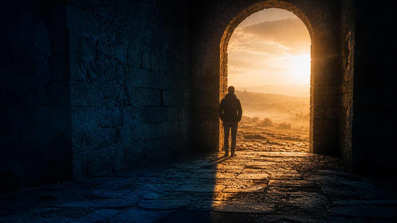 A solitary figure standing in a stone archway, divided between cool shadow and warm golden light, looking out toward a misty open landscape beyond.