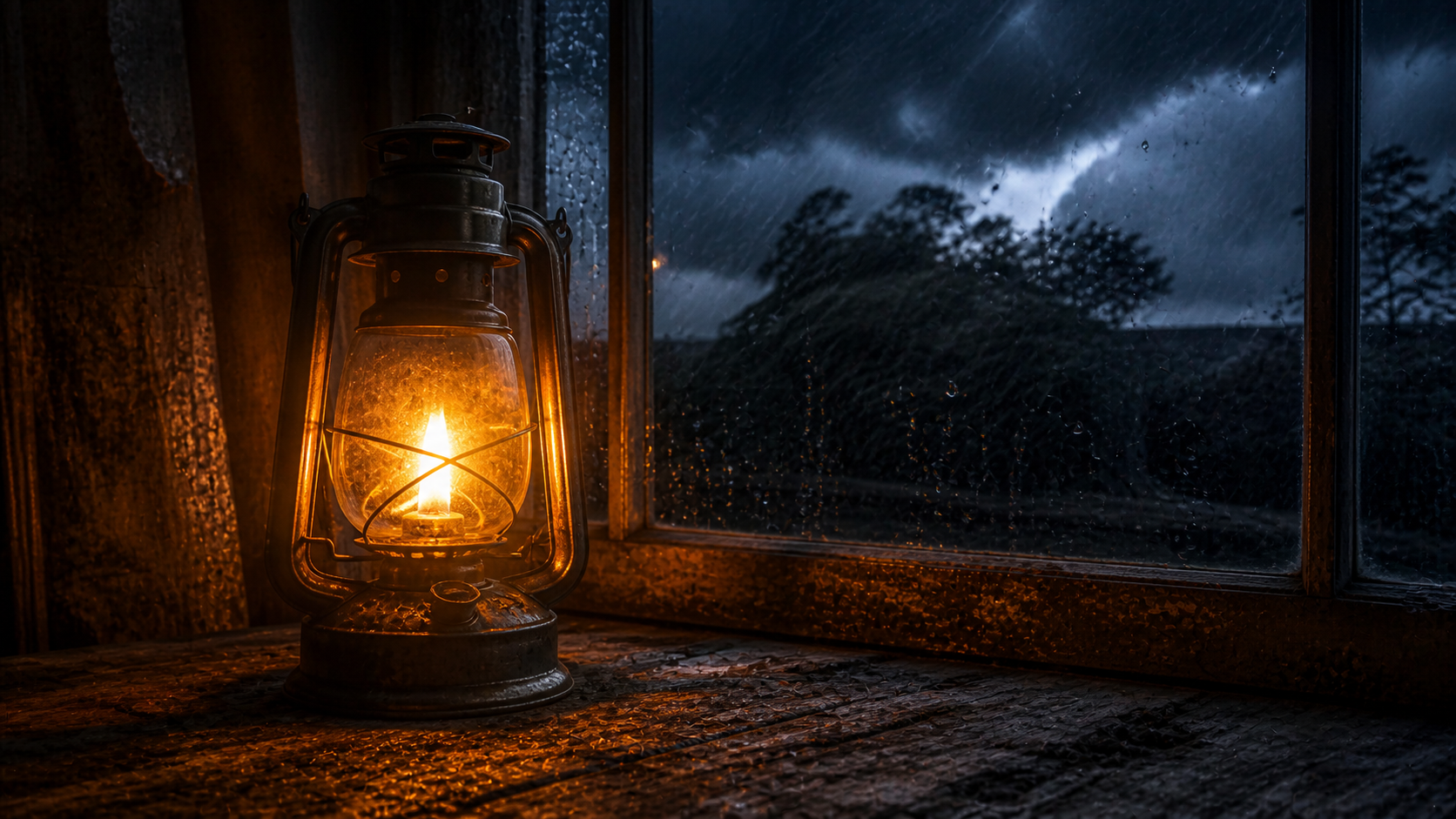 Close-up of a glowing oil lantern on a weathered wooden table beside a rain-streaked window, with a dark storm and wind-bent trees outside contrasting with the warm amber light inside.