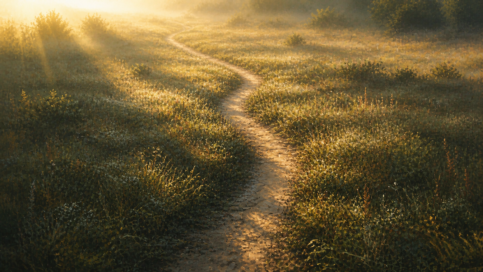 Aerial view of a narrow winding dirt path cutting through an overgrown meadow, illuminated by soft golden morning light with long shadows stretching across dew-covered grass.