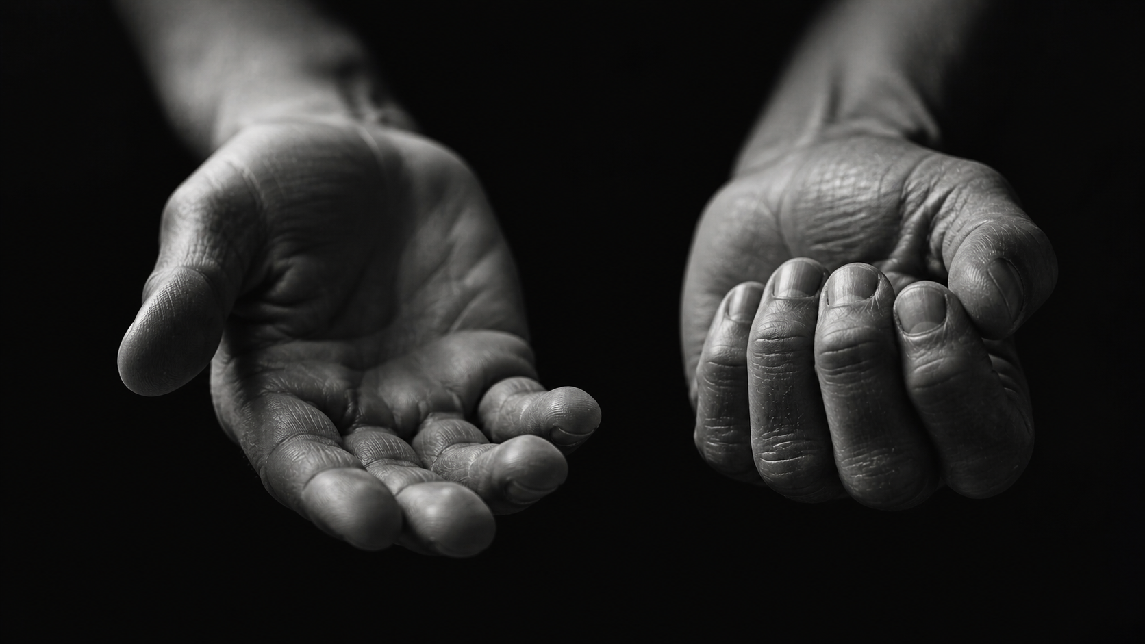 Black-and-white close-up of two weathered hands side by side against a dark background—one open and palm-up in soft light, the other loosely clenched as if holding something unseen.