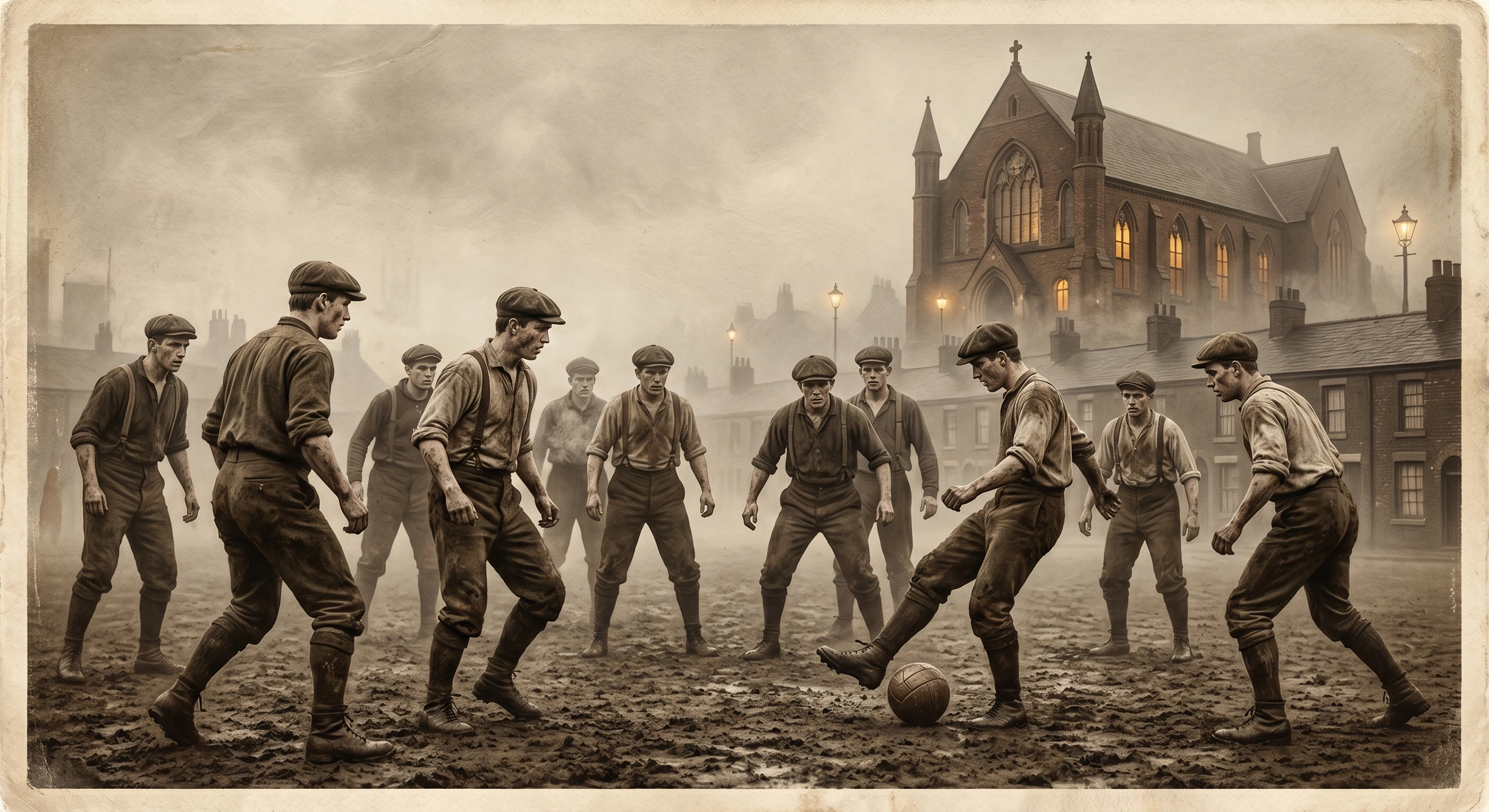 A vintage-style sepia photograph depicting a group of working-class men playing an early game of soccer on a muddy, dirt field in Victorian England. The men wear period clothing like flat caps and suspenders, with terraced houses and a church visible in the foggy background.