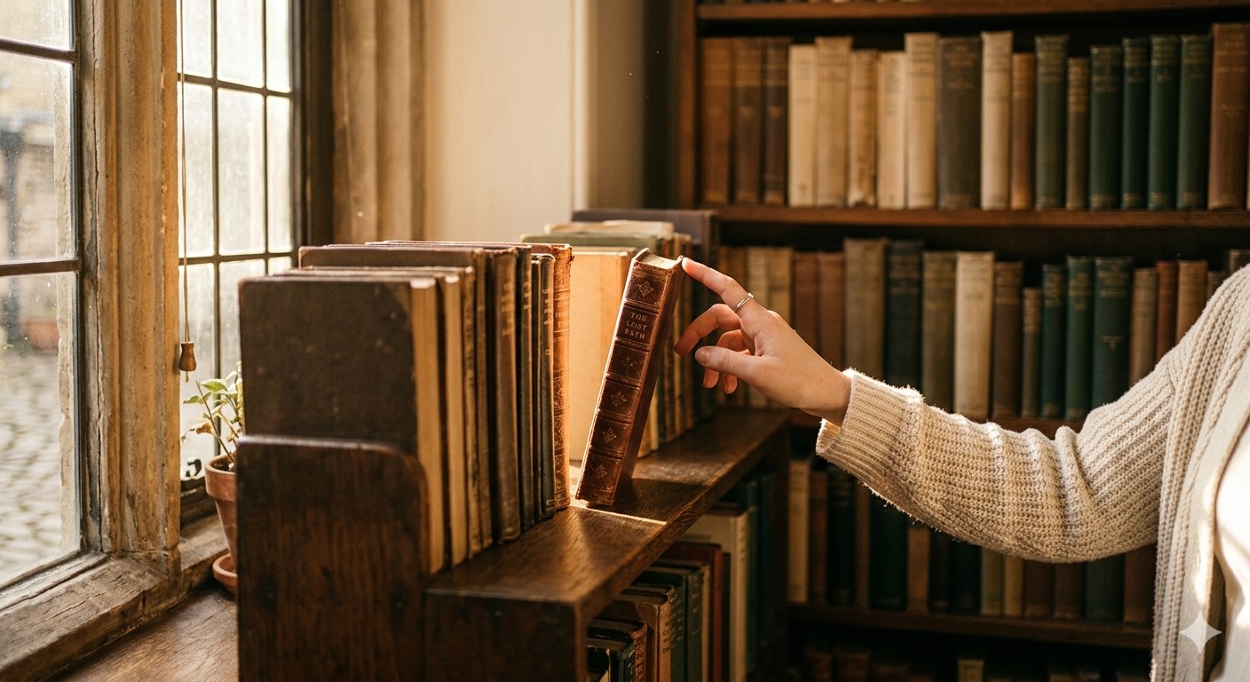 A quiet corner of a small library, late afternoon light filtering through a narrow window onto wooden shelves filled with aged books. One slender book stands slightly apart from the others, its spine catching the golden light.