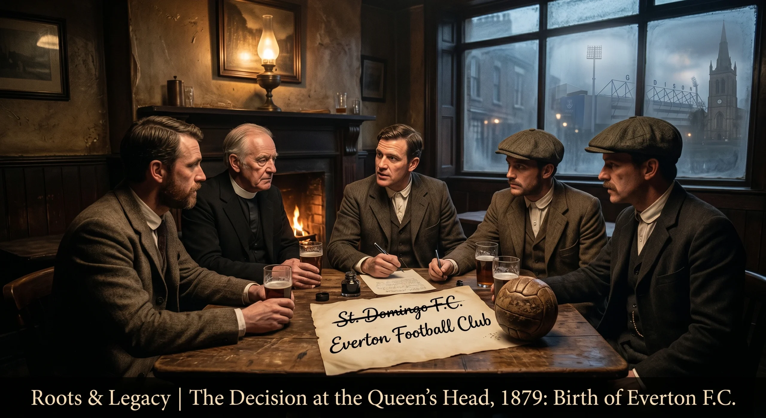 A vintage-style illustration of a clergyman and local men gathered around a table inside the Queen's Head Hotel in 1879. They are looking at a piece of parchment where "St. Domingo F.C." is crossed out and replaced with "Everton Football Club" next to an old leather football.
