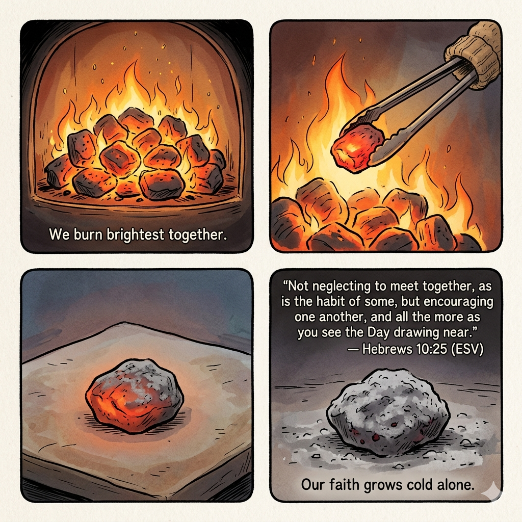 A four-panel comic illustrating faith through glowing coals. Panel 1: A group of coals burning brightly together in a fireplace with the text 'We burn brightest together.' Panel 2: A pair of tongs lifting one glowing coal away from the fire. Panel 3: The single coal sitting alone on a cold surface, beginning to dim. Panel 4: The coal has turned into cold grey ash, accompanied by the Bible verse Hebrews 10:25 and the caption 'Our faith grows cold alone.